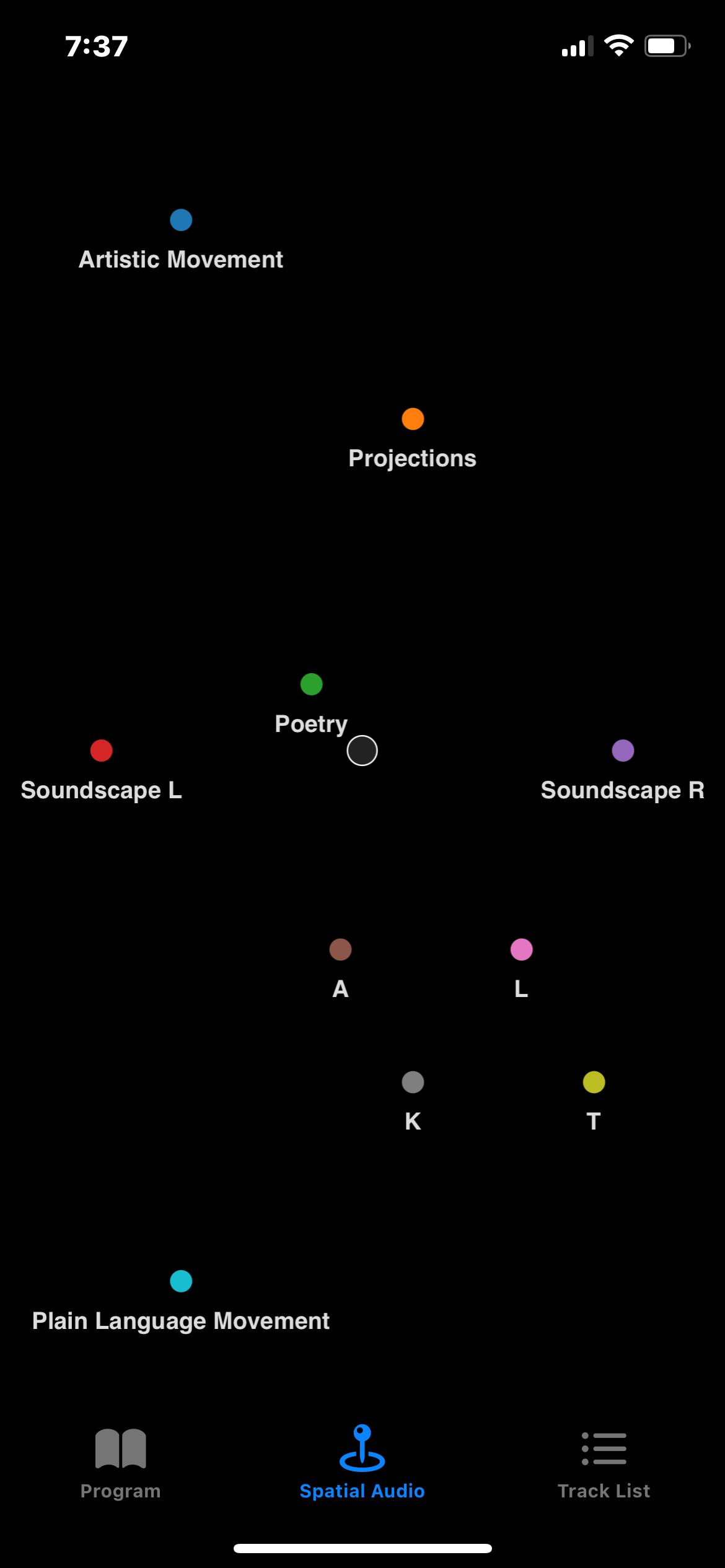 screenshot of an audimance interface with various colored dots that say artistic movment, plain langyage, poetry.