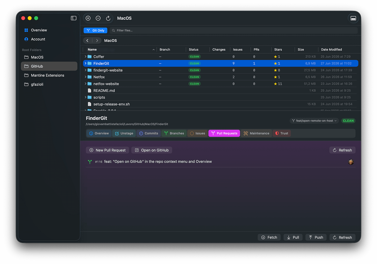 Pull Requests tab — Open on GitHub in the header