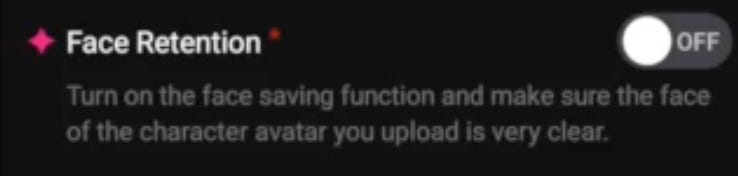 Screenshot of an applications “face retention” toggle during companion creation. The subtext reads “turn on the face saving function and make sure the face of the character avatar you upload is very clear”.