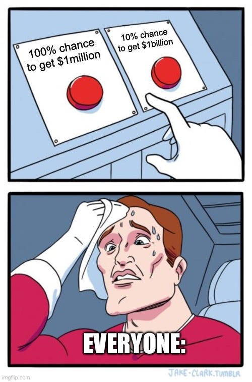 risk it or take 1mil | 10% chance to get $1billion; 100% chance to get $1million; everyone: | image tagged in memes,two buttons,funny,money,risk,hard choice to make | made w/ Imgflip meme maker risk it or take 1mil | 10% chance to get $1billion; 100% chance to get $1million; everyone: | image tagged in memes,two buttons,funny,money,risk,hard choice to make | made w/ Imgflip meme maker