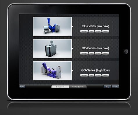 Turblex commissioned Dan Blincoe to create a marketing app to demonstrate their water-aeration technology. Dan Blincoe created 360-degree images of the major products that Turblex provides, specifications on the products, and an interactive water treatment facility that allowed the Turblex blowers turbine blades to be rotated to allow different degrees of aeration depending on water composition.