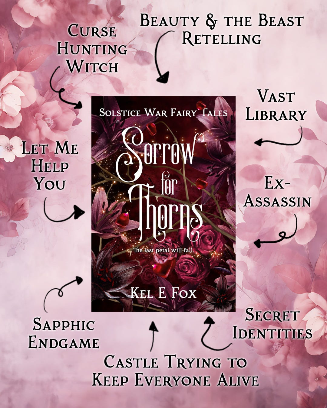Sorrow for Thorns trope graphic: curse hunting witch, beauty and the beast retelling, vast library, ex-assassin, secret identities, castle trying to keep everyone alive, sapphic endgame, let me help you Sorrow for Thorns trope graphic: curse hunting witch, beauty and the beast retelling, vast library, ex-assassin, secret identities, castle trying to keep everyone alive, sapphic endgame, let me help you