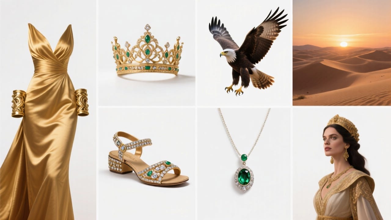8-panel grid layout:
Panel 1) golden silk gown on white background,
Panel 2) ornate desert crown centered on white background,
Panel 3) intricate golden arm cuffs centered on white background,
Panel 4) endless desert dunes with glowing sunset,
Panel 5) jeweled sandals centered on white background,
Panel 6) majestic falcon with wings spread centered on white background,
Panel 7) emerald pendant necklace centered on white background,
Panel 8) regal woman’s portrait centered on white background. Each item distinct, professional photography.