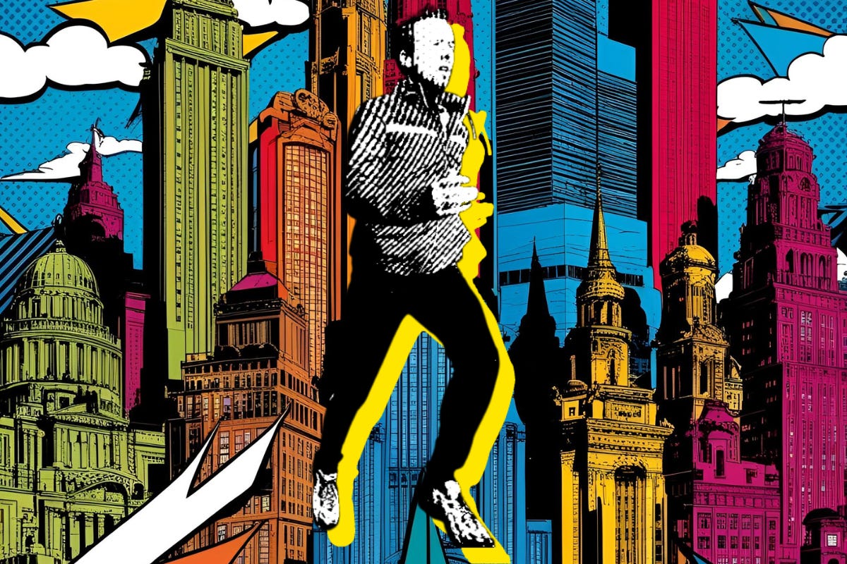 graphic image of man running against comic book background