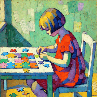 A young girl with short hair, concentrated on assembling a colorful jigsaw puzzle on a table, surrounded by scattered puzzle pieces in a brightly colored room.