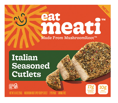 Vibrant shades of orange and yellow bring Meati food and packaging photography to life.