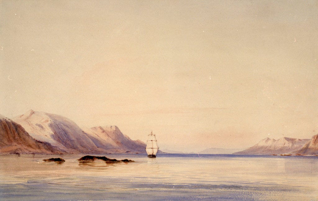 The survey ship HMS 'Beagle' in Beagle Channel, Tierra del Fuego The survey ship HMS 'Beagle' in Beagle Channel, Tierra del Fuego