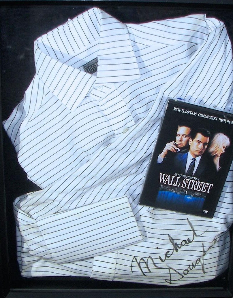 The horizontal striped shirt worn by Michael Douglas in Wall Street by Oliver Stone.