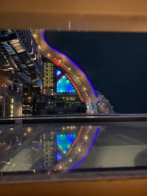 The images show views from high rises in Dubai, palm trees, tall buildings and concrete structures.