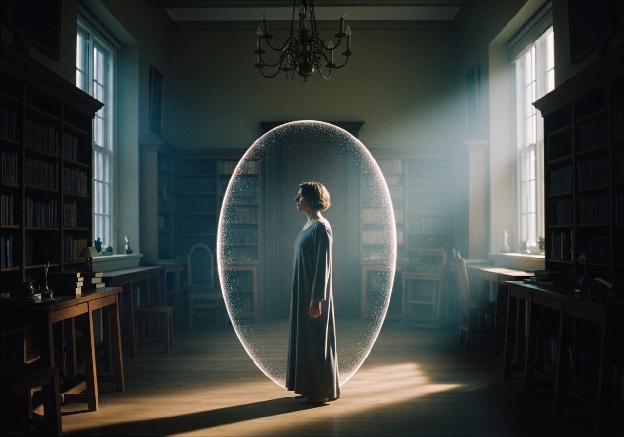 A photorealistic, cinematic medium shot on 35mm film captures a solitary figure standing calmly in a dimly lit, mist-filled ancient library, surrounded by a subtly shimmering, energetic membrane that creates a sacred personal space, highlighted by faint light and a vintage aesthetic with deep shadows and film grain. A photorealistic, cinematic medium shot on 35mm film captures a solitary figure standing calmly in a dimly lit, mist-filled ancient library, surrounded by a subtly shimmering, energetic membrane that creates a sacred personal space, highlighted by faint light and a vintage aesthetic with deep shadows and film grain.