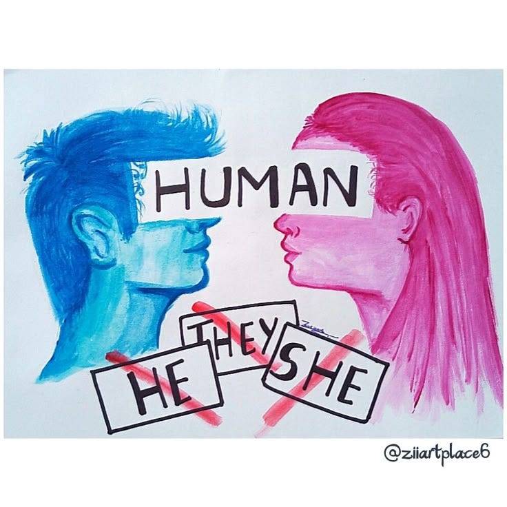 This may contain: a drawing of two people with the words human and they're she