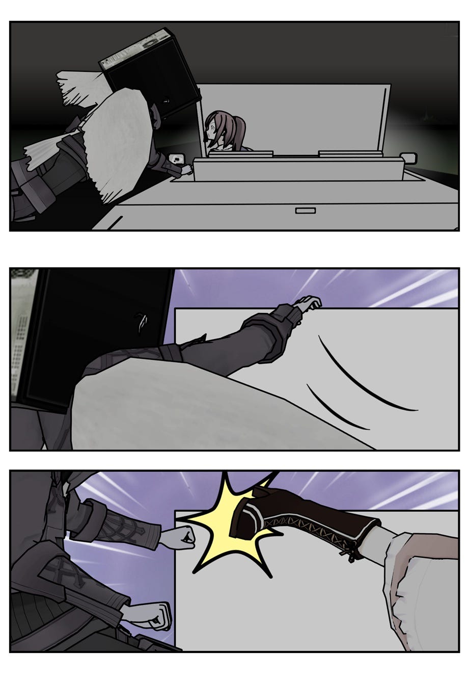 Vana rebuffs the robot with a kick.