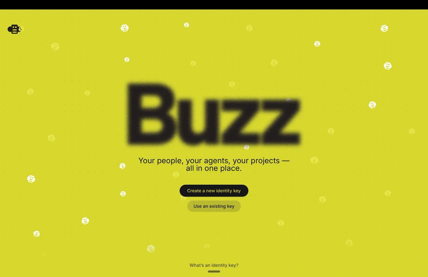 Buzz welcome screen with options to create or use an identity key Buzz welcome screen with options to create or use an identity key