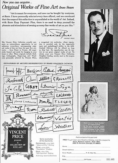 The Vincent Price Art Collection at Sears Flyer Announcing the Vincent Price Art Collection at Sears