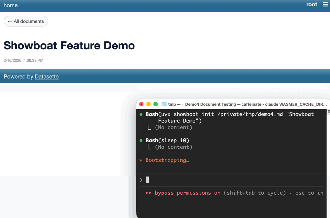 Animated demo - in the foreground a terminal window runs Claude Code, which executes various Showboat commands. In the background a Firefox window where the Showboat Feature Demo adds notes then some bash commands, then a placekitten image.