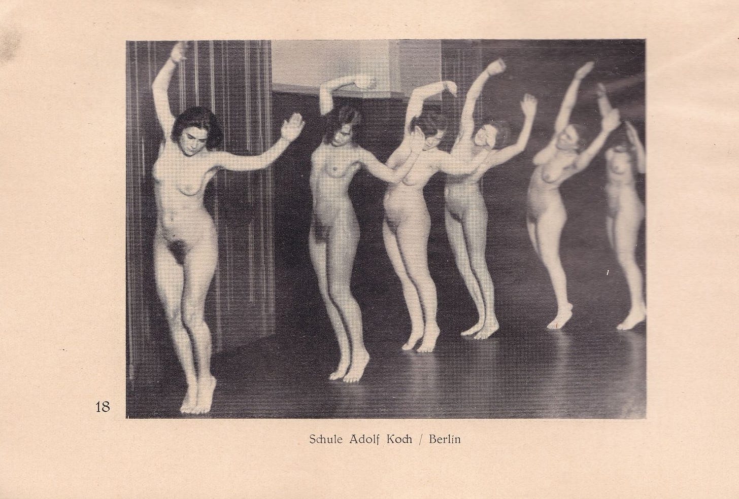 Black-and-white archival photograph showing a line of young adult women, nude, standing indoors and moving in unison with raised arms in a dance or exercise sequence; the image is captioned “Schule Adolf Koch / Berlin” and appears on a printed book page.