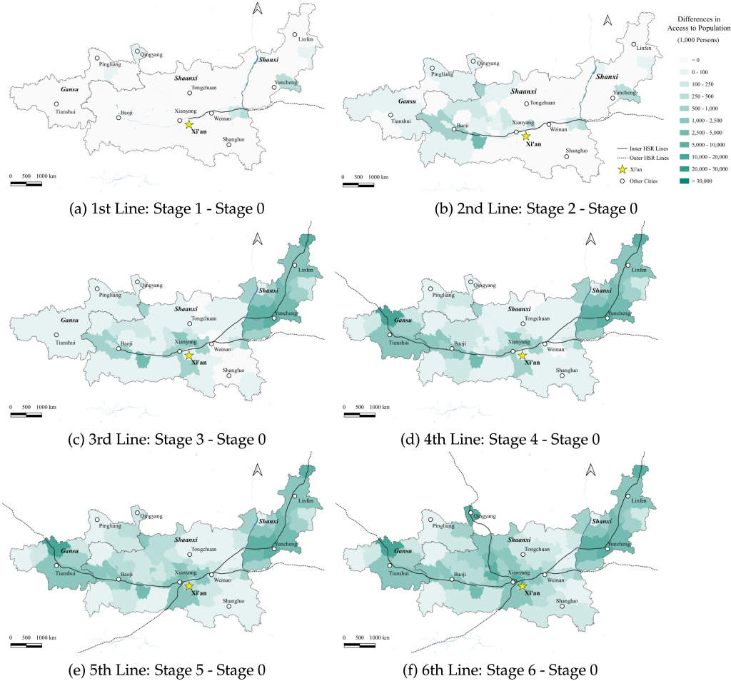 Fig. 5. Accumulated improvement in accessibility with high-speed railway network expansion, compared with Stage 0 (no-HSR scenario)