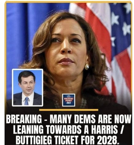 May be an image of the Oval Office and text that says 'BRLAKING POINT POIN 360 BREAKING MANY DEMS ARE NOW LEANING TOWARDS A HARRIS I BUTTIGIEG TICKET FOR 2028.'