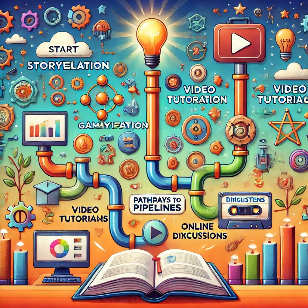 An educational illustration showcasing the Pathways to Pipelines (P2P) framework. The image features a vibrant flowchart that starts with storytelling (symbolized by an open book with creative illustrations emanating from it), leading to various steps like gamification (depicted with a treasure chest and coins), video tutorials (a screen showing a play button), online discussions (speech bubbles or a chat interface), and culminating in a final project (a glowing finished product on a pedestal). The background is colorful and engaging, with icons representing math, science, computers, and art to signify versatility. The design is modern, professional, and visually stimulating.