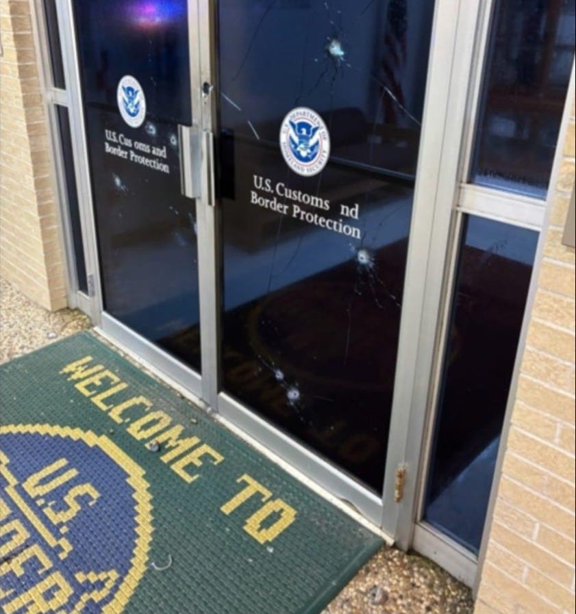 Bullet holes in the entryway doors at a McAllen, Texas Border Patrol Office, where a man with an assault rifle opened fire on July 7, 2025. Bullet holes in the entryway doors at a McAllen, Texas Border Patrol Office, where a man with an assault rifle opened fire on July 7, 2025.