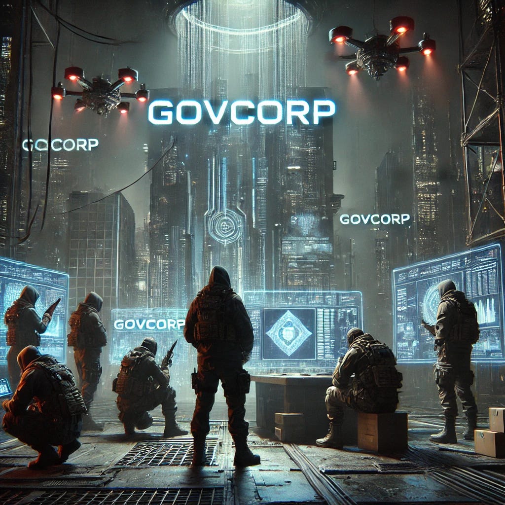 A dystopian scene where a small group of subversives operates in the shadows to undermine GovCorp, an authoritarian regime. The environment is dark and futuristic, with towering skyscrapers displaying GovCorp logos and digital propaganda. The group, dressed in rugged, tactical clothing, huddles in a hidden underground lair, surrounded by holographic screens displaying data and blueprints. In the background, oppressive drones patrol the sky while massive megacorporate buildings loom overhead. The atmosphere is tense but determined, symbolizing the struggle for counterpower and resistance.