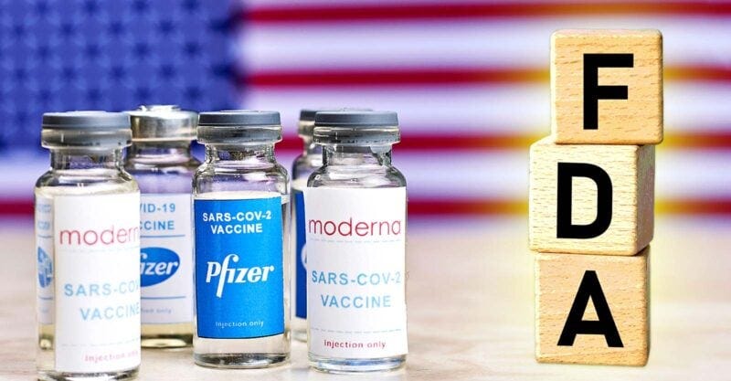 moderna and pfizer vaccine bottles and letters "FDA"