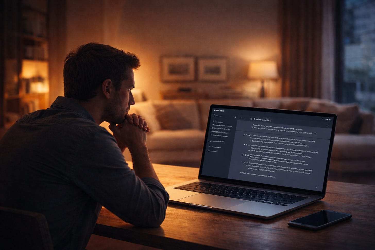 Un bărbat stă gânditor la o masă într-un living cald luminat și privește o conversație de chat deschisă pe laptop, sugerând confortul dialogului digital în contrast cu relațiile umane.