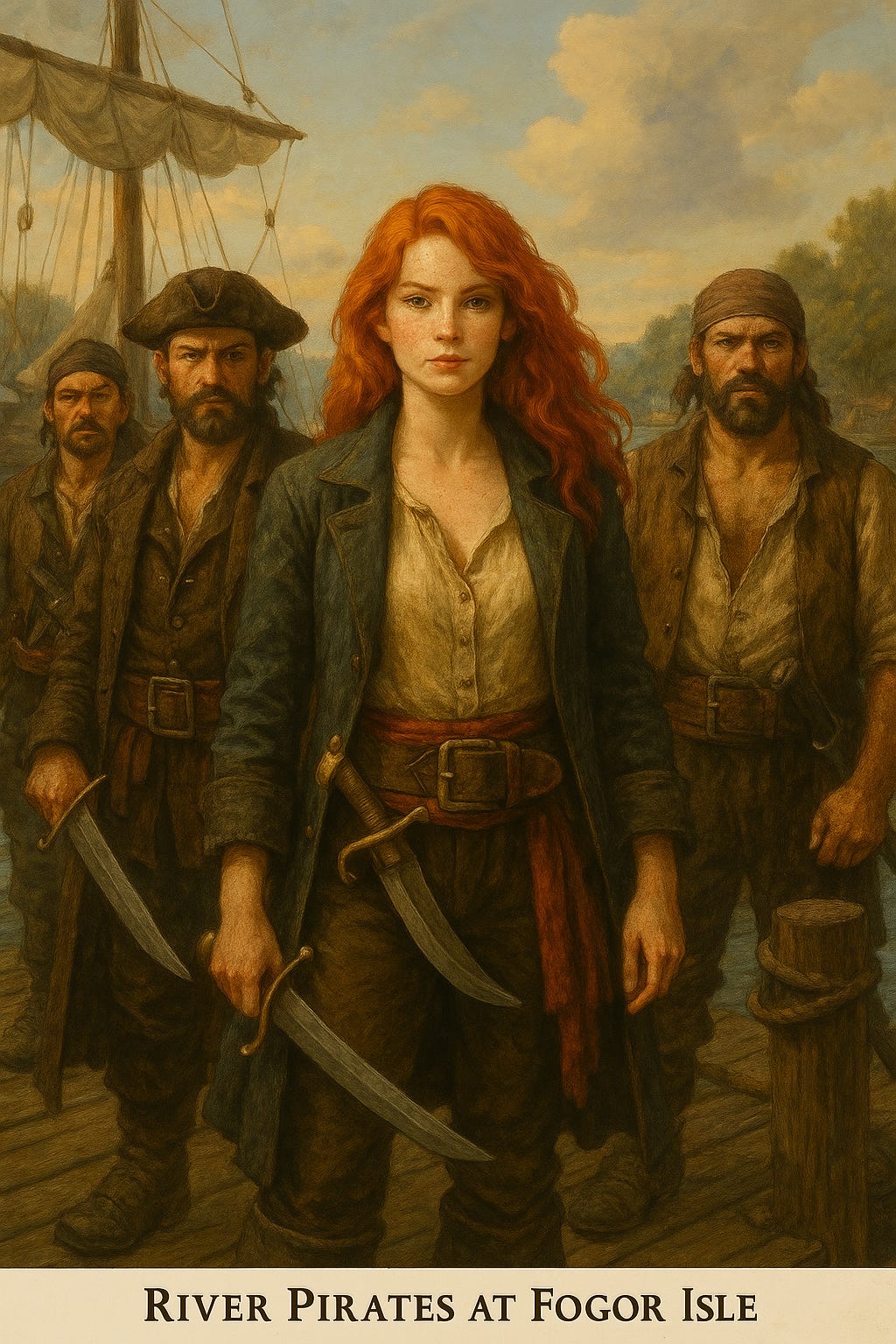create an image of a group of river pirates on the docks of Fogor Isle. Make the leader a pretty red-haired woman