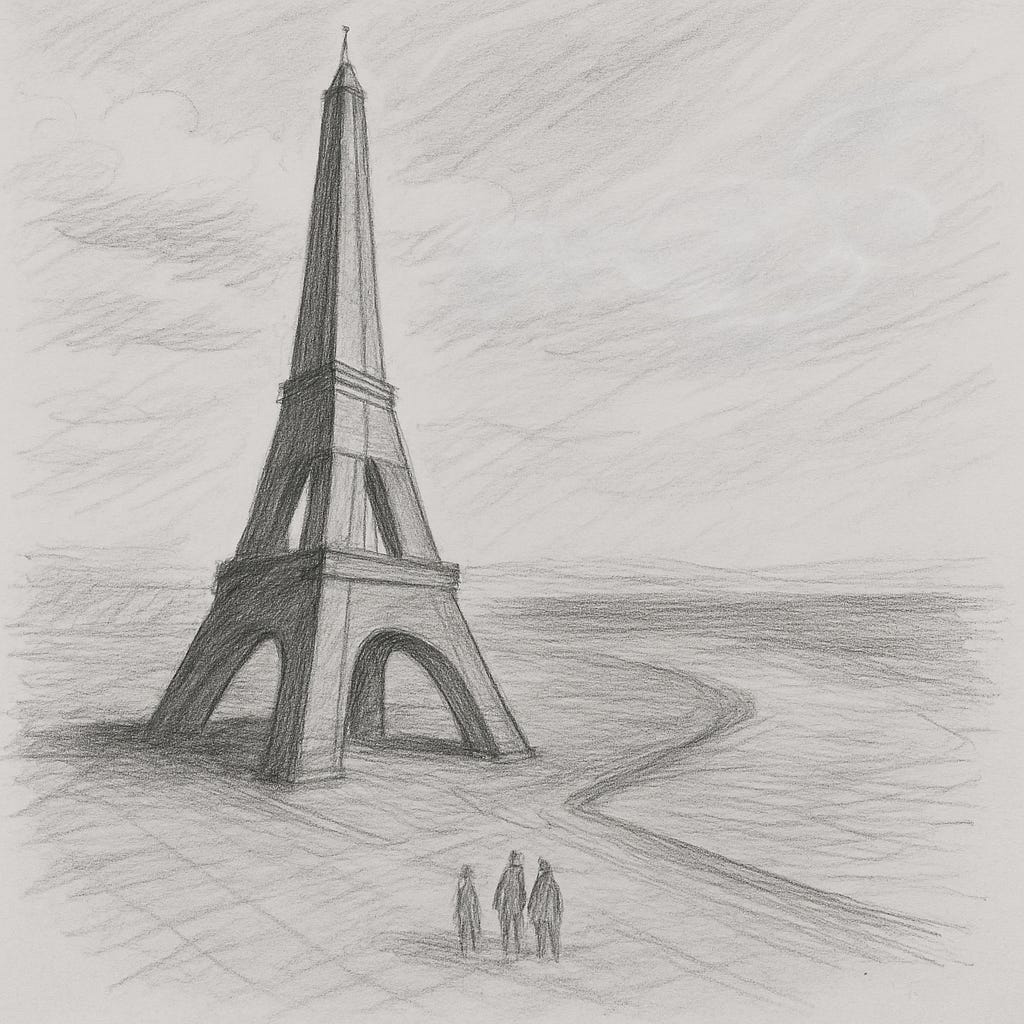 Graphite drawing of a tall spire-like lattice tower with arches at its base. A curved river or channel flows nearby, reflecting the tower’s shape. In the foreground, three human figures stand together, gazing toward the structure under a cloudy sky
