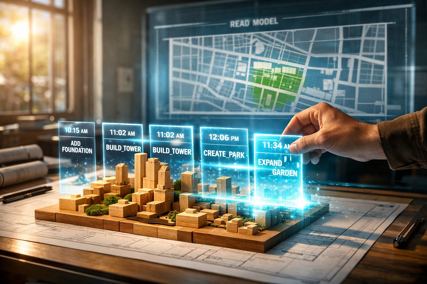 A digital city model uses glowing event cards to illustrate event sourcing and CQRS concepts. A digital city model uses glowing event cards to illustrate event sourcing and CQRS concepts.