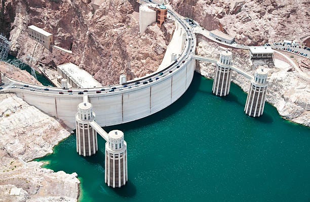 Aerial View of the Hoover Dam Aerial View of the Hoover Dam lake mead historic stock pictures, royalty-free photos & images