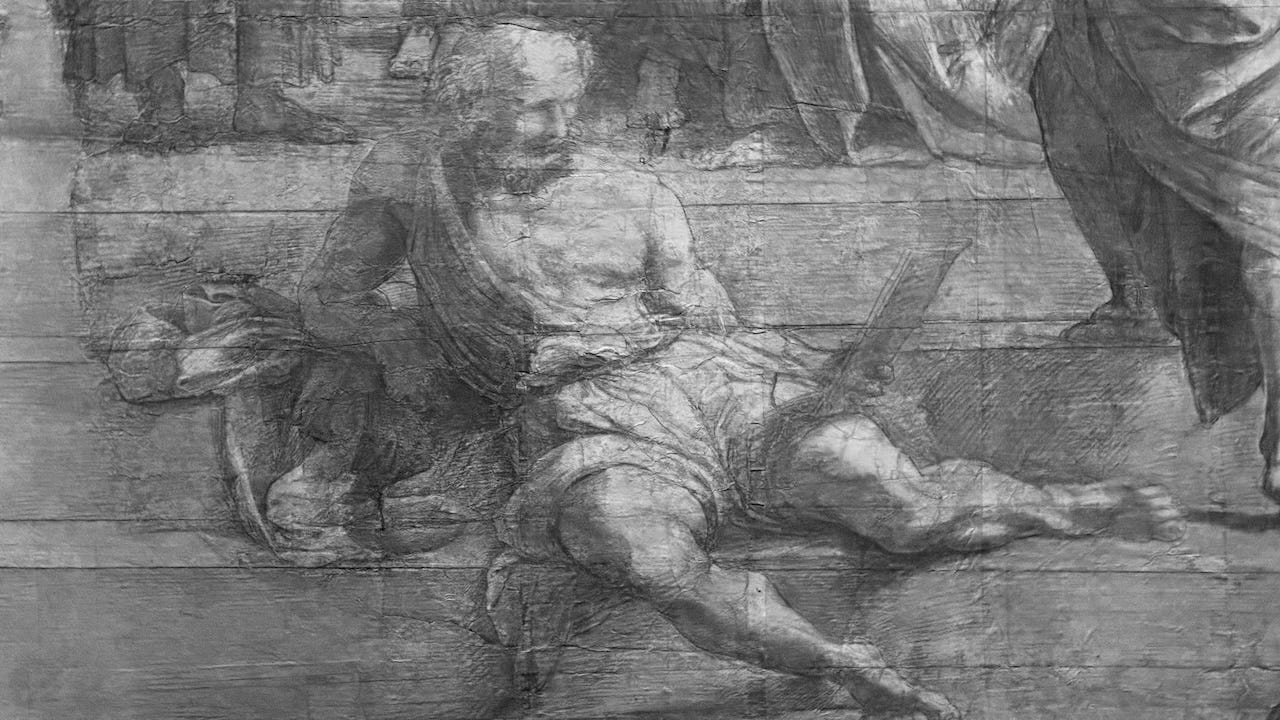 GPT-4o: A black-and-white preparatory cartoon detail of Diogenes from Raphael’s The School of Athens. Diogenes is depicted reclining on steps, wearing a loosely draped cloth, with a scroll or book in hand. His posture is relaxed, and he appears engaged in thought. The sketch shows detailed shading and contouring, revealing Raphael’s planning process for the final fresco. GPT-4o: A black-and-white preparatory cartoon detail of Diogenes from Raphael’s The School of Athens. Diogenes is depicted reclining on steps, wearing a loosely draped cloth, with a scroll or book in hand. His posture is relaxed, and he appears engaged in thought. The sketch shows detailed shading and contouring, revealing Raphael’s planning process for the final fresco.