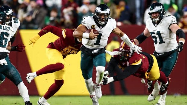 Quarterback Jalen Hurts (1) of the Philadelphia Eagles runs with the ball during the second quarter against the Washington Commanders at Northwest Stadium on Dec. 20, 2025, in Landover, Maryland. (Kevin Sabitus/Getty Images) Quarterback Jalen Hurts (1) of the Philadelphia Eagles runs with the ball during the second quarter against the Washington Commanders at Northwest Stadium on Dec. 20, 2025, in Landover, Maryland. (Kevin Sabitus/Getty Images)