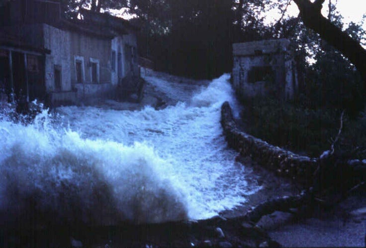 This may contain: a large wave crashes into the street in front of an old building and tree branches
