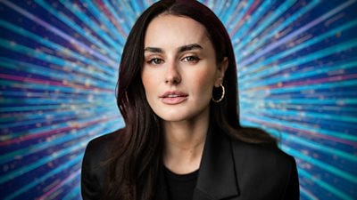 Headshot of Amber Davies in front of Strictly Come Dancing branding. 