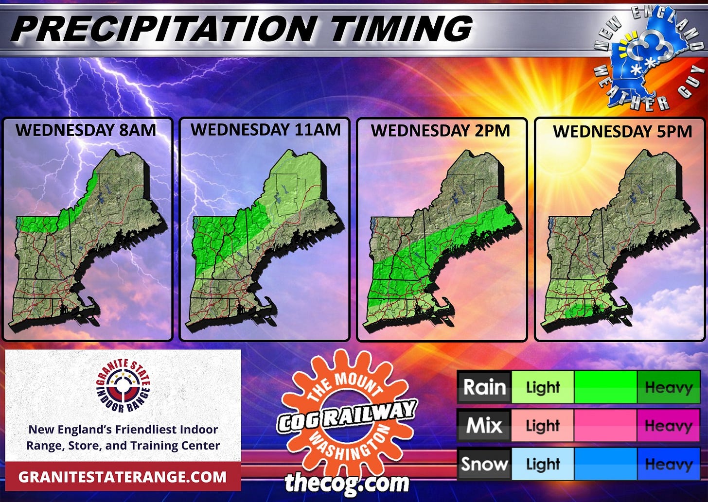 May be a graphic of map and text that says 'PRECIPITATION TIMING WEDNESDAY 8AM EX ΜΟ ENG WEDNESDAY 11AM هل WEDNESDAY 2PM WEDNESDAY 5PM RA New England's Friendliest Indoor Range, Store, and Training Center Rain Light THE MOUNT COGRAILWAY MASHINGTO thecog.com .com GRANITESTATERANGE.COM Heavy Mix Light Snow Heavy Light Heavy' May be a graphic of map and text that says 'PRECIPITATION TIMING WEDNESDAY 8AM EX ΜΟ ENG WEDNESDAY 11AM هل WEDNESDAY 2PM WEDNESDAY 5PM RA New England's Friendliest Indoor Range, Store, and Training Center Rain Light THE MOUNT COGRAILWAY MASHINGTO thecog.com .com GRANITESTATERANGE.COM Heavy Mix Light Snow Heavy Light Heavy'