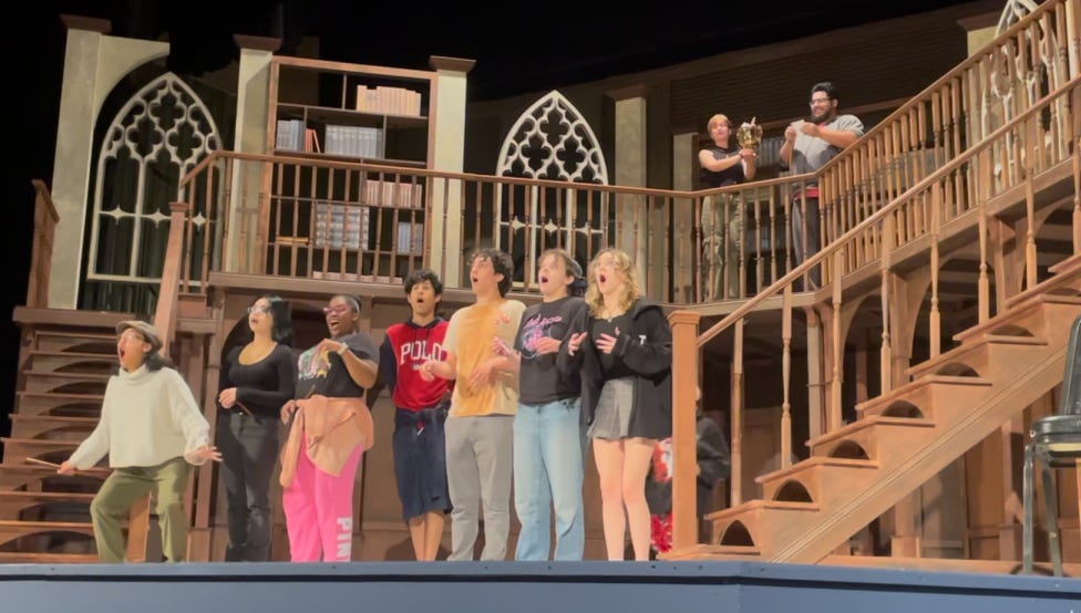 “Puffs” cast members rehearse a scene at the Marsee Auditorium on Wednesday, May 7. (Erica Lee | The Union)