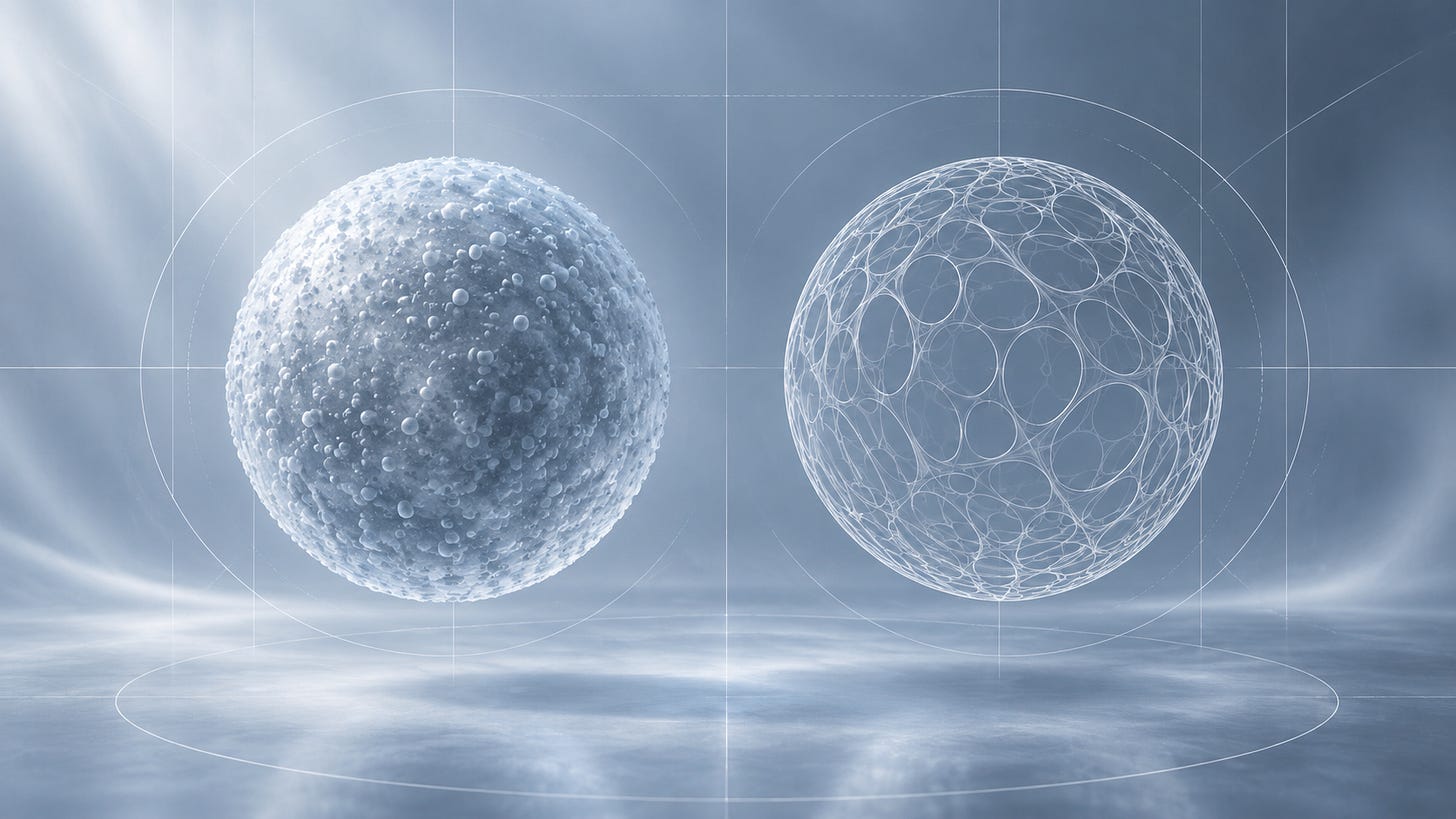 A softly shaded granular sphere and a fine wireframe sphere sit side by side on a muted blue construction grid.