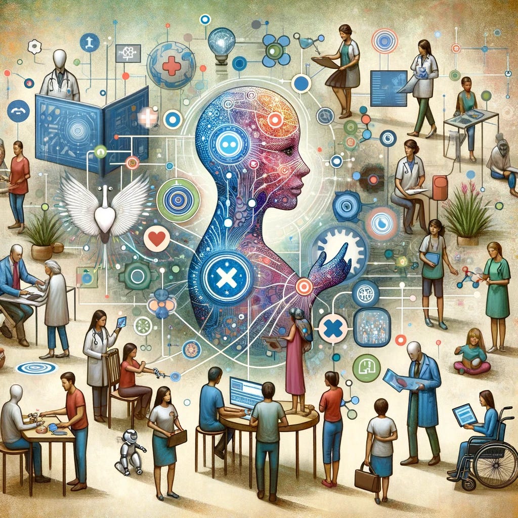 the image inspired by "Interdependence" by Kriti Sharma. The illustration captures a harmonious blend of human and artificial intelligence interactions, depicting humans of diverse backgrounds collaborating with various AI technologies in settings like healthcare, education, and the workplace. The AI elements are portrayed as supportive and integrated into human activities, enhancing communication and teamwork. This visual reflects a future where technology strengthens human connections and fosters a community-focused environment.