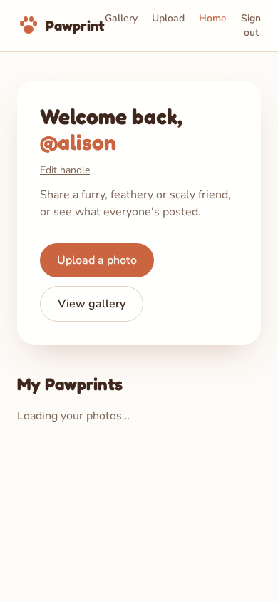 Pawprint’s home screen at phone width Pawprint’s home screen at phone width