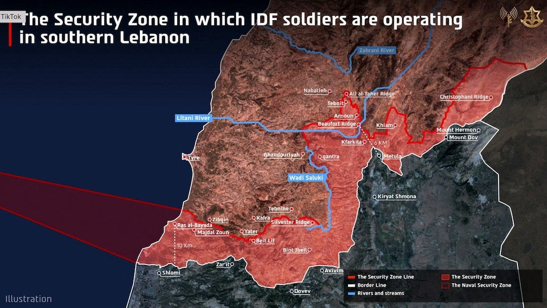 A map published by the Israeli army-IDF, indicates the Security zone in which IDF soldiers are operating in southern Lebanon