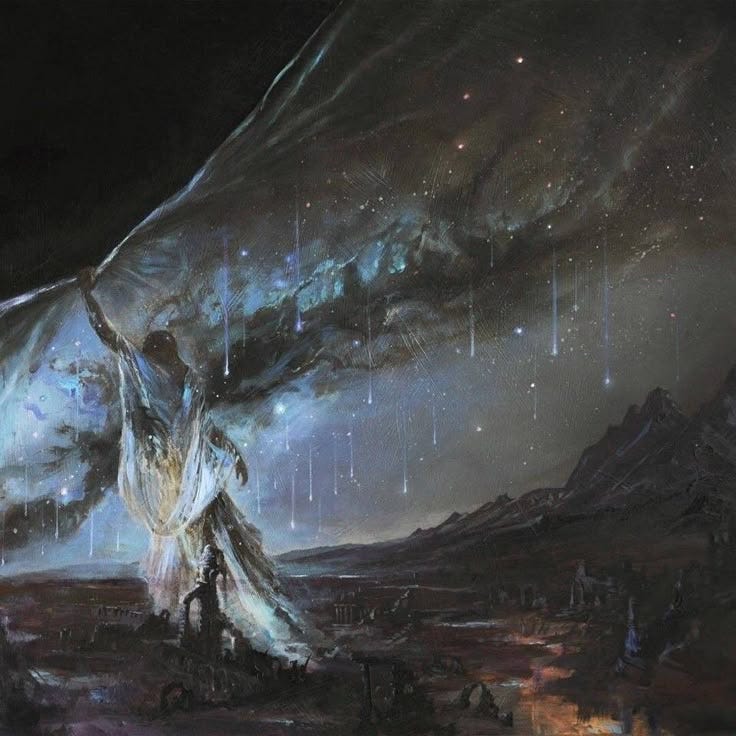 This may contain: a painting of a woman holding an umbrella in front of a sky filled with stars