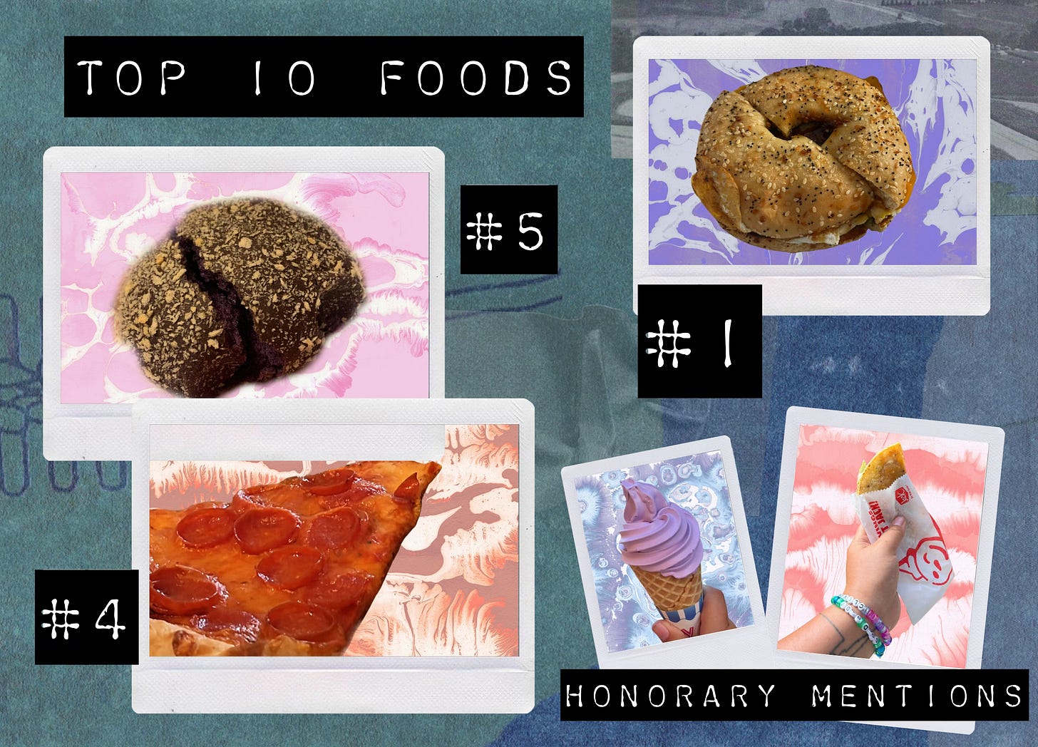 Top 10 Foods collage. Top right corner is a picture of an everything bagel labeled #1. Top left is a purple pandesal bun with panko bread crumbs labeled #5. Below is a picture of pepperoni pizza labelled #4. Bottom right are pictures of purple soft serve ice cream and a Jack In The Box taco labeled "honorary mentions."