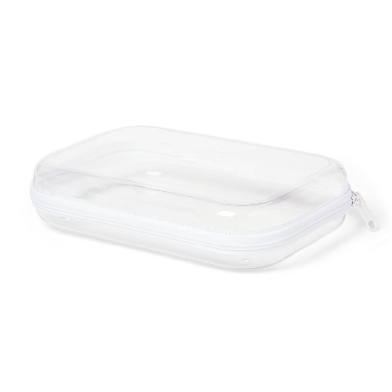 A clear rectangular case with a white zipper closure.