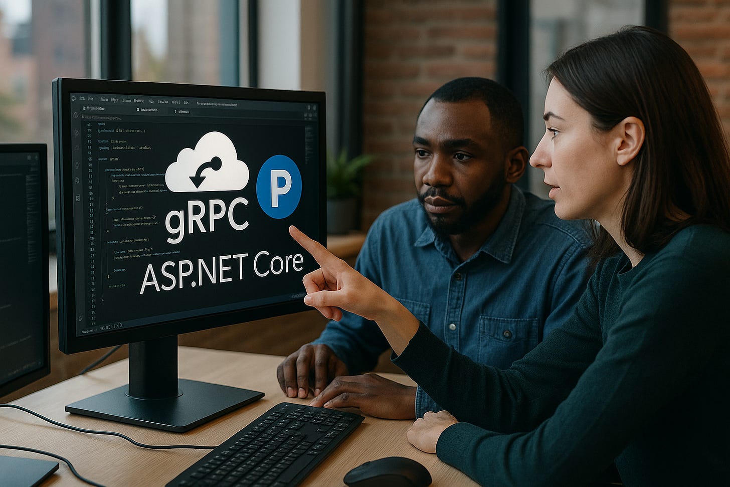 Two developers discussing gRPC and ASP.NET Core code on a computer screen in an office setting. Two developers discussing gRPC and ASP.NET Core code on a computer screen in an office setting.
