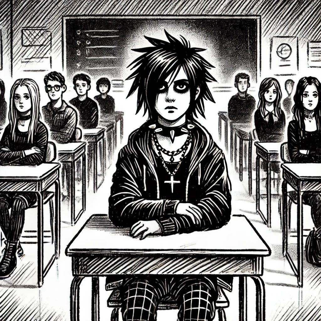 A black and white sketch of a loner goth teenager sitting in the back row of a high school classroom. The student has dark clothing, heavy eyeliner, and a spiked choker, with an aloof expression. The classroom has rows of desks, a chalkboard in the background, and faint outlines of other students, emphasizing the contrast between the goth kid and the typical high school setting.