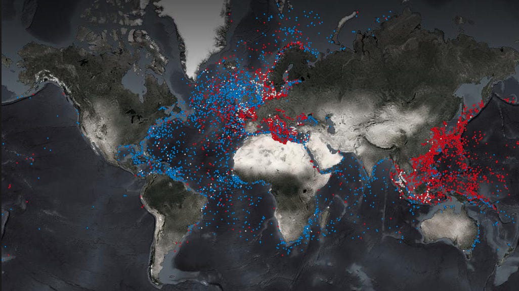 The image is a world map showing the distribution of blue and red dots across major continents and oceans. The blue dots are predominantly clustered around Europe, the Mediterranean, the Atlantic coasts of North America and South America, and coastal Africa. The red dots are heavily concentrated across eastern Europe, the Middle East, South Asia, and East Asia, especially around China and Japan. Landmasses such as North America, South America, Europe, Africa, Asia, and Australia are clearly visible. No specific landmarks, brands, or recognizable public figures are present in the image.