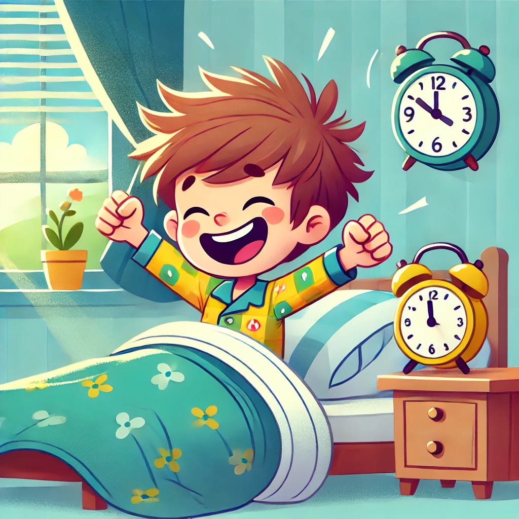 A cartoon-style illustration of a 10-year-old boy named Milo shooting out of bed in the morning with excitement. He has messy brown hair and is wearing colorful pajamas. He’s smiling wide with his arms raised, jumping out from under a cozy blanket. The alarm clock on his nightstand shows an early time, but he’s already up. Morning sunlight is shining through the window, and the room feels bright, cheerful, and full of energy. The scene should look joyful and fun, perfect as a title image for a kid-friendly story.