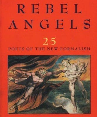 A red background with black text that reads "Rebel Angels 25 poets of the New Formalism Edited by Mark Jarman and David Mason"