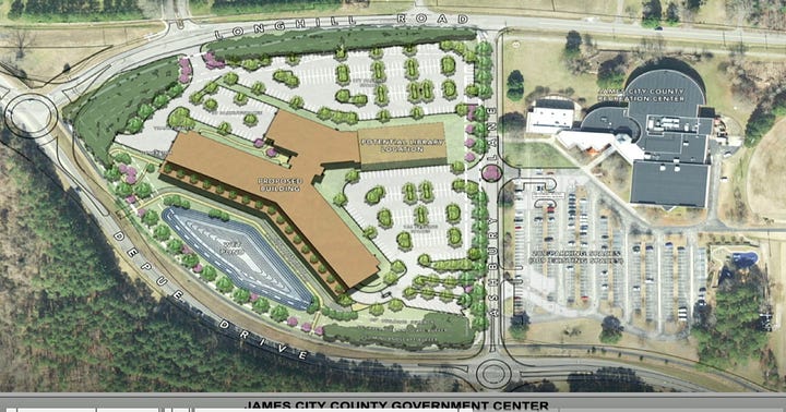 a picture of the green space where the county office center will be, and a layout of the complex